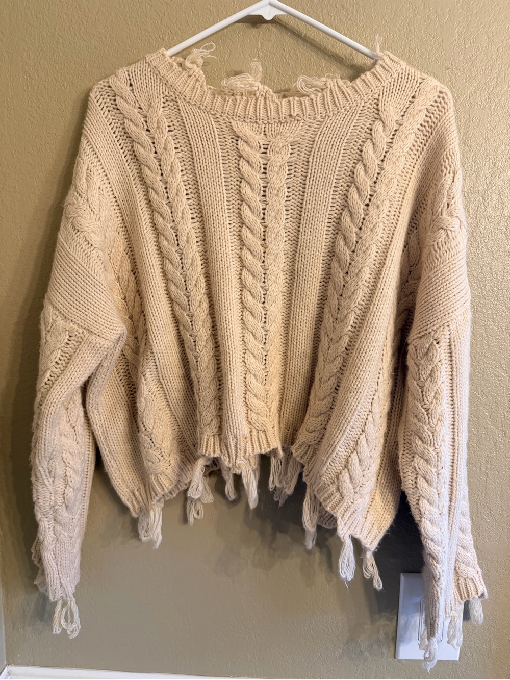 Altar’d State Women’s Cream Cable Knit Distressed Sweater